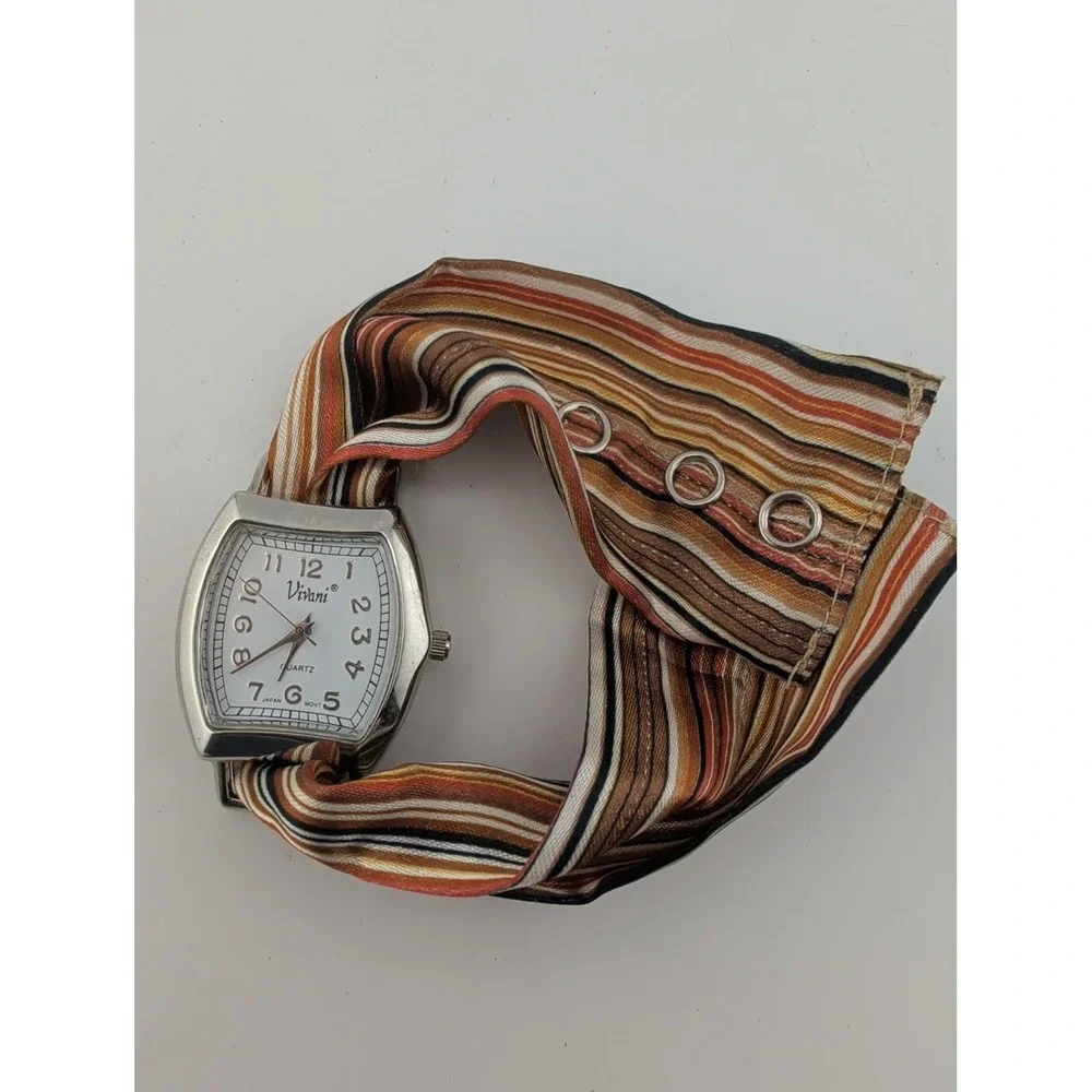 Vivani Women's Watch 28mm Silver Case Orange/Brown Fabric Band- New Battery